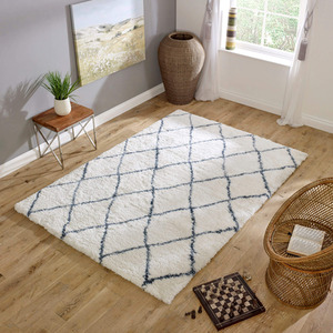 Ivory Blue Moroccan Berber 50mm Shaggy Area Rug - Alto AL03