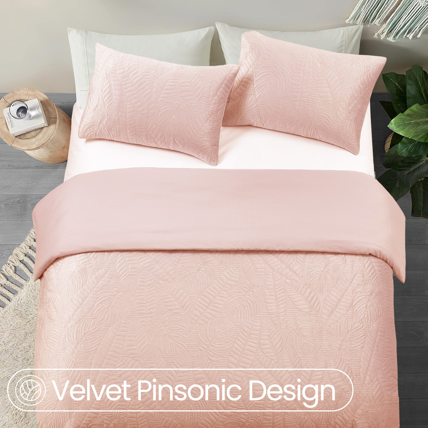 Velvet Embossed Leaf Pattern Duvet Set - Pink Superking