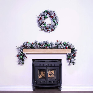 Flocked Decorated Mixed Pine Garland with Tartan Bows