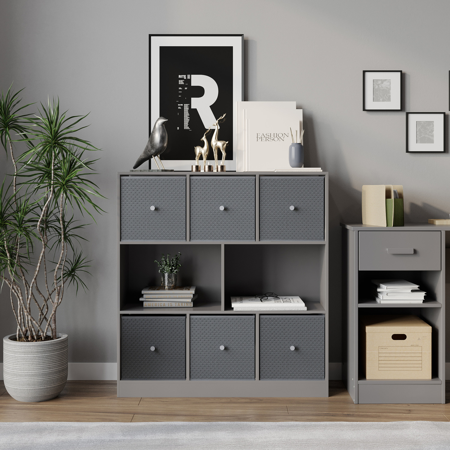 8 Grey Cube Bookcase With 6 Fabric Storage Drawers Inserts - Light Grey Drawer