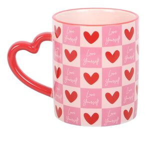Love Yourself Checkered Mug with Heart Handle Gift