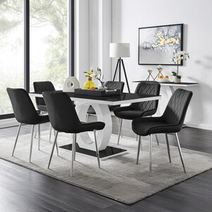 Giovani Black Dining Table With Six Pesaro Silver Leg Chairs