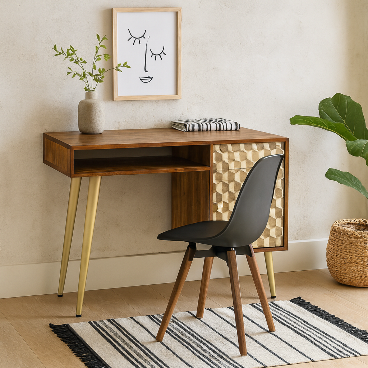 Beijing Mango Wood Desk, 1 Drawer 1 Door, Gold Geometric Pattern - Mango Wood
