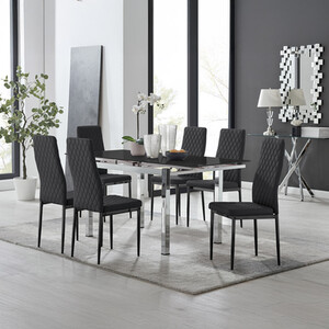 Enna Black Glass Extending Dining Table and 6 Milan Black Leg Chairs