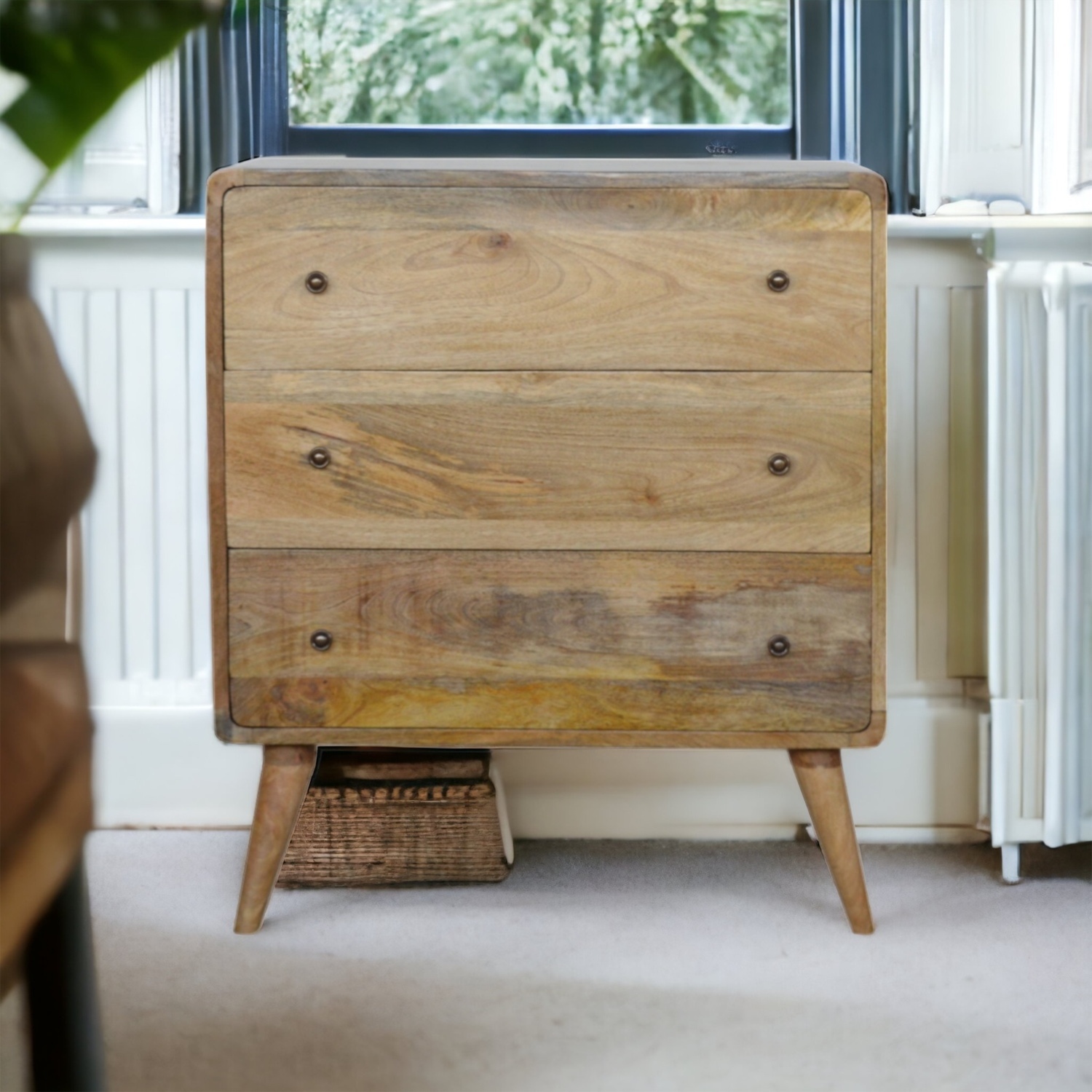 Solid Wood Curved Oak-ish Chest 3 Drawers Nordic Legs Light Brown Beige - Image 3