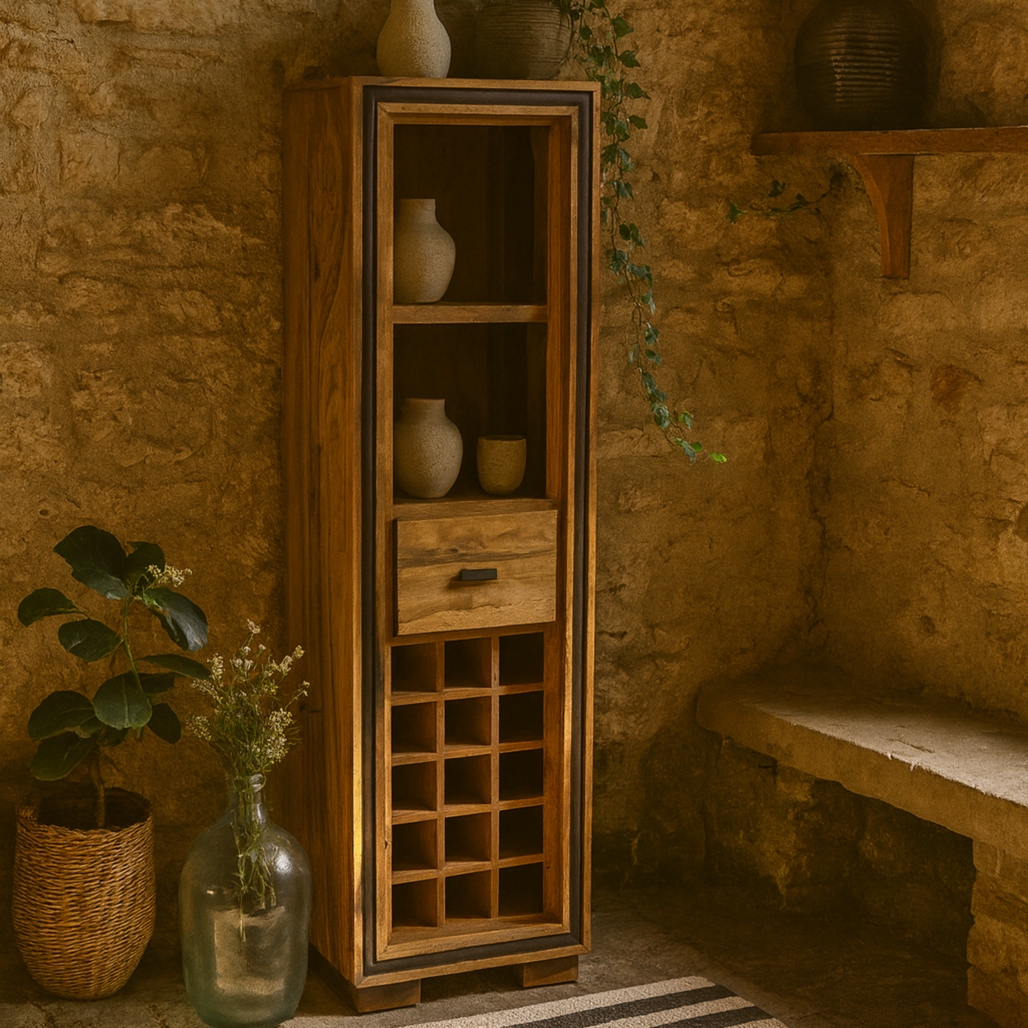 New York Sheesham Wood Wine Bookcase 1 Drawer Matt Finish - Brown