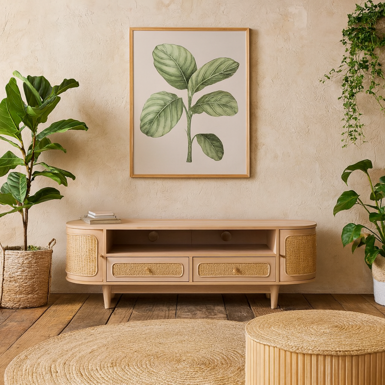 Chicago Cane Rattan TV Cabinet Natural Mango Wood 2 Doors 2 Drawers - Brown