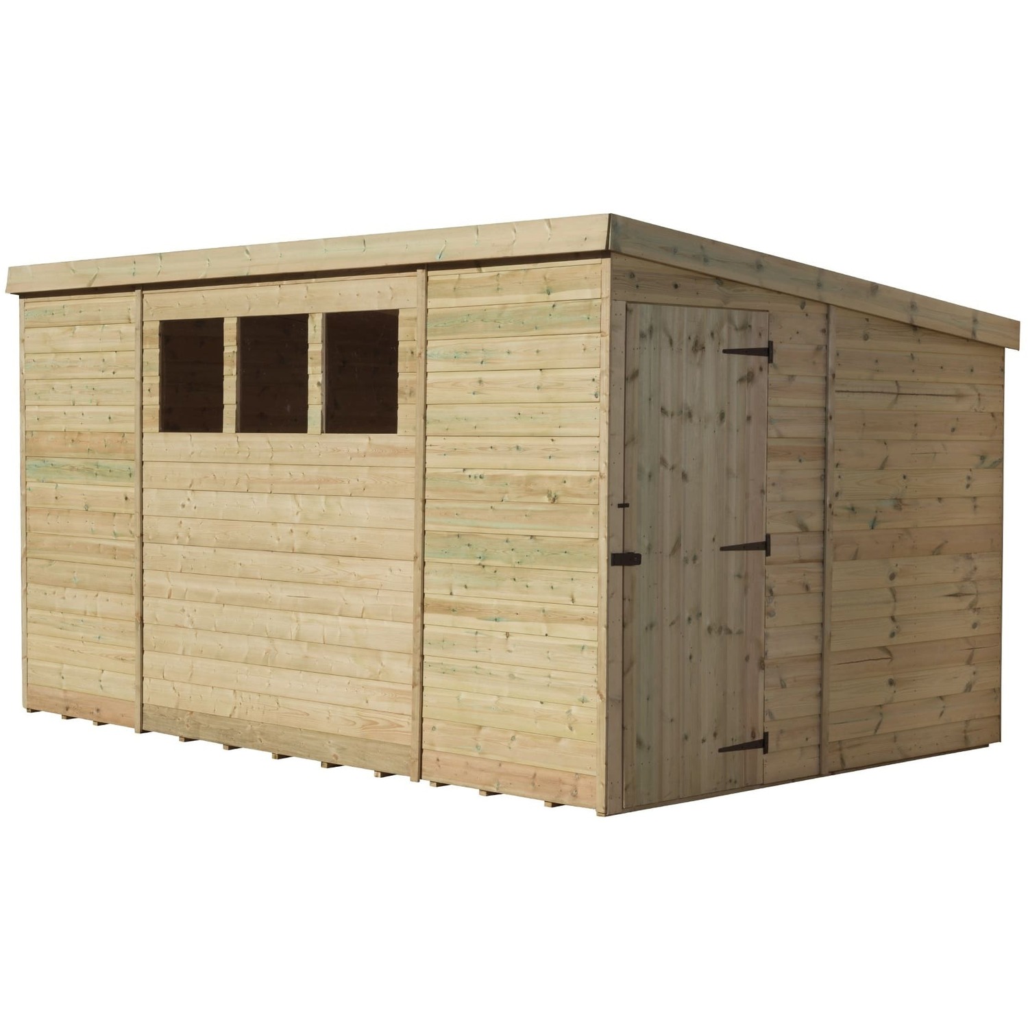 Empire 2500 14x8 Pent Garden Shed with a Single Door on Right Side Panel & 3 Windows - Green