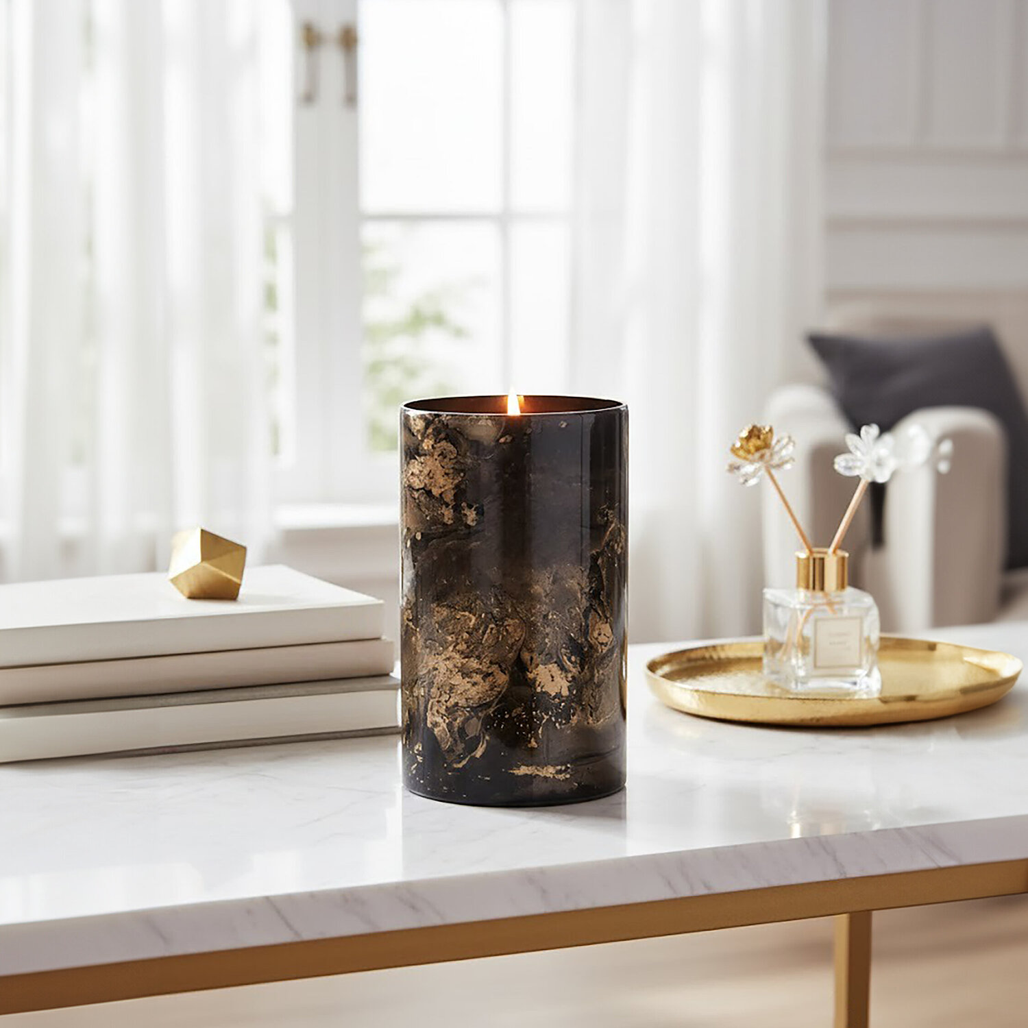 Gaia Black And Gold Marble Effect Large Candle Holder - Black