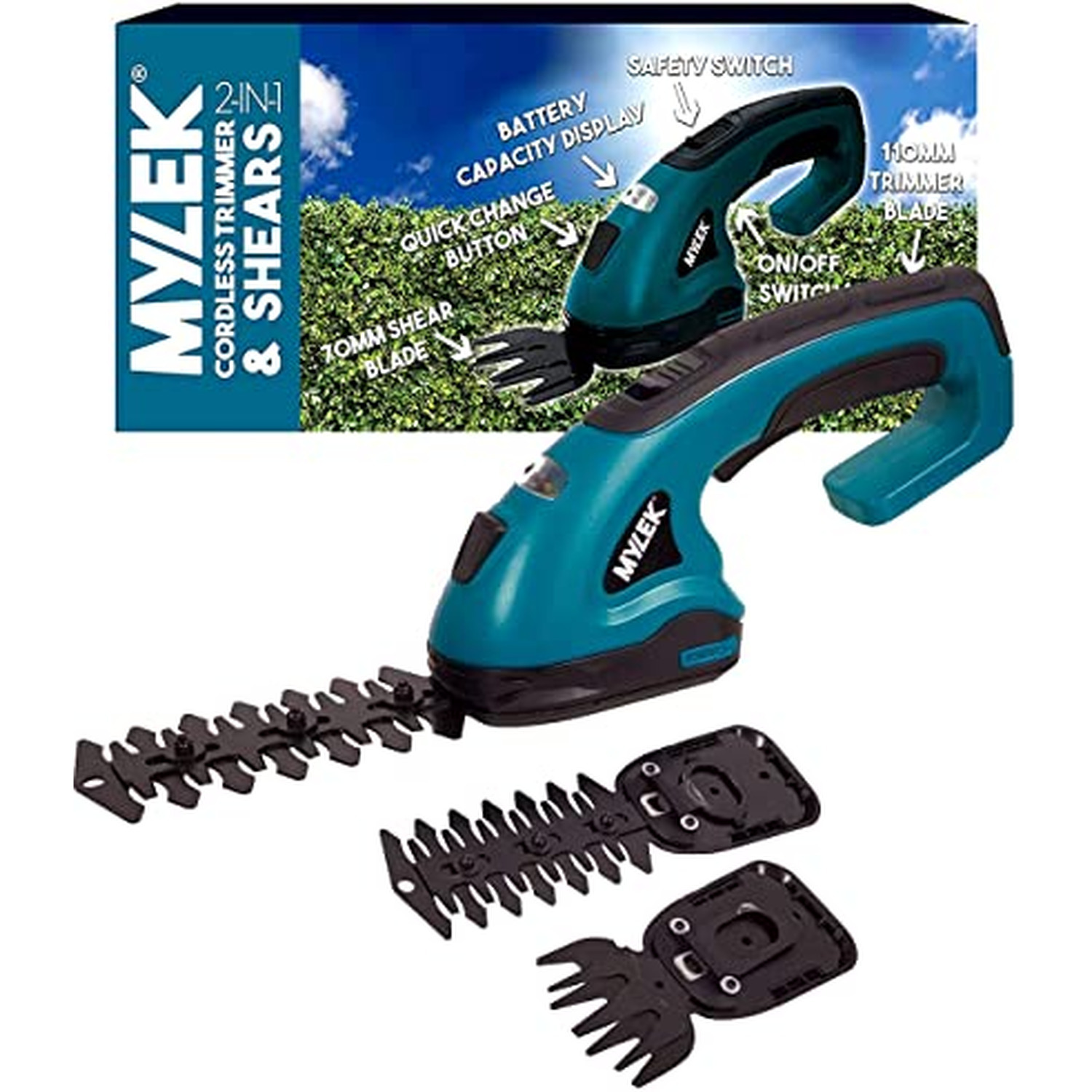 Mylek 2-in-1 Li-ion Cordless Hedge Trimmer and Grass Shears - Blue