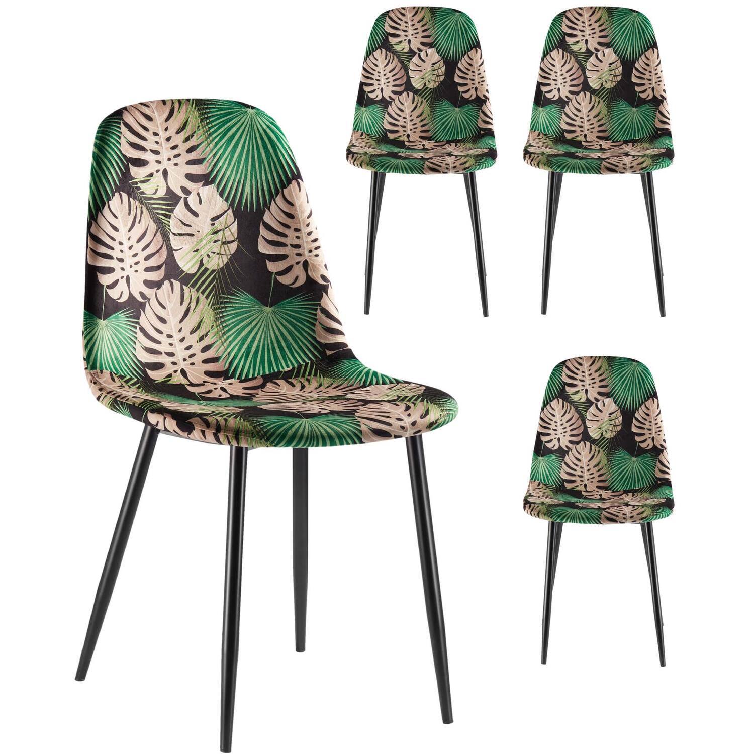 Velvet Dining Chairs With Palm Print - Black Green 4
