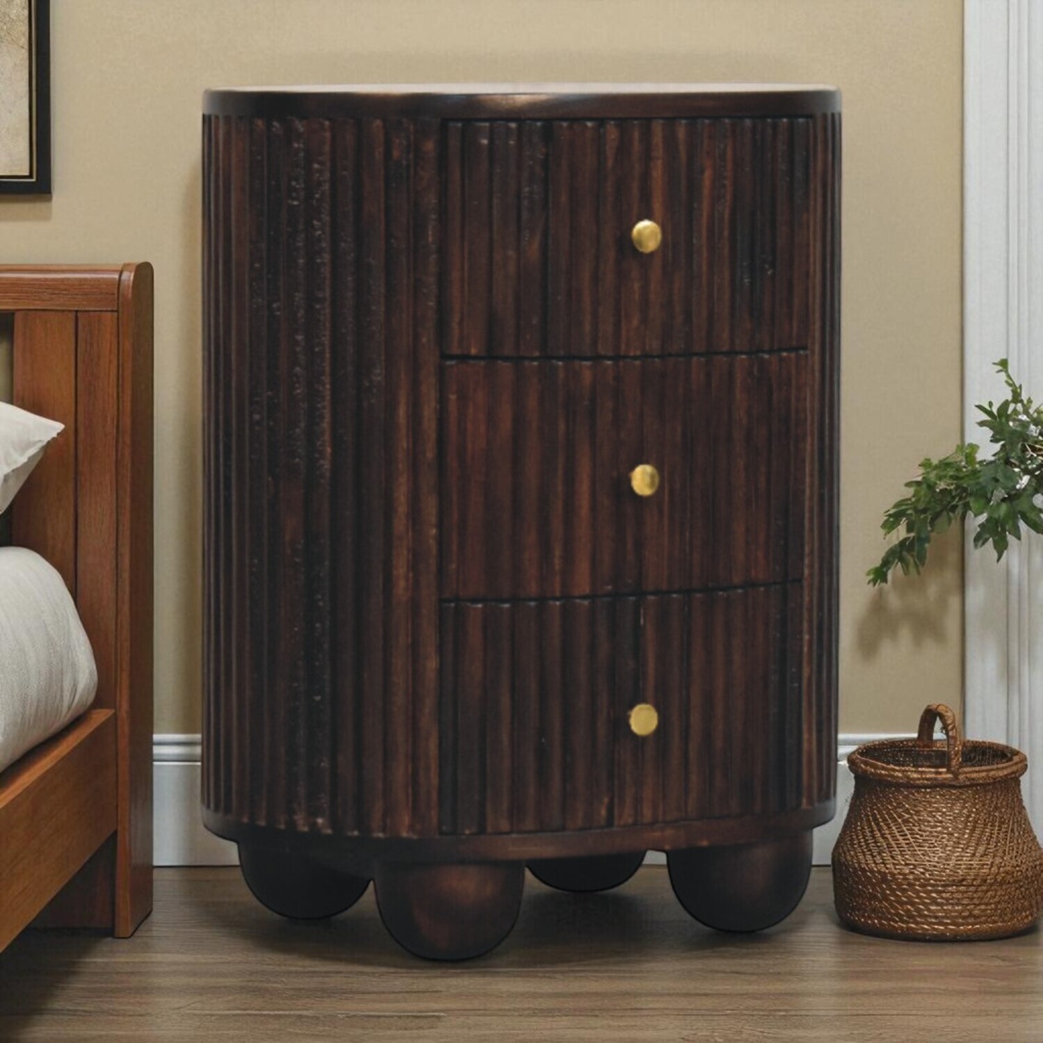 Solid Wood Curved Fluted Bedside Table