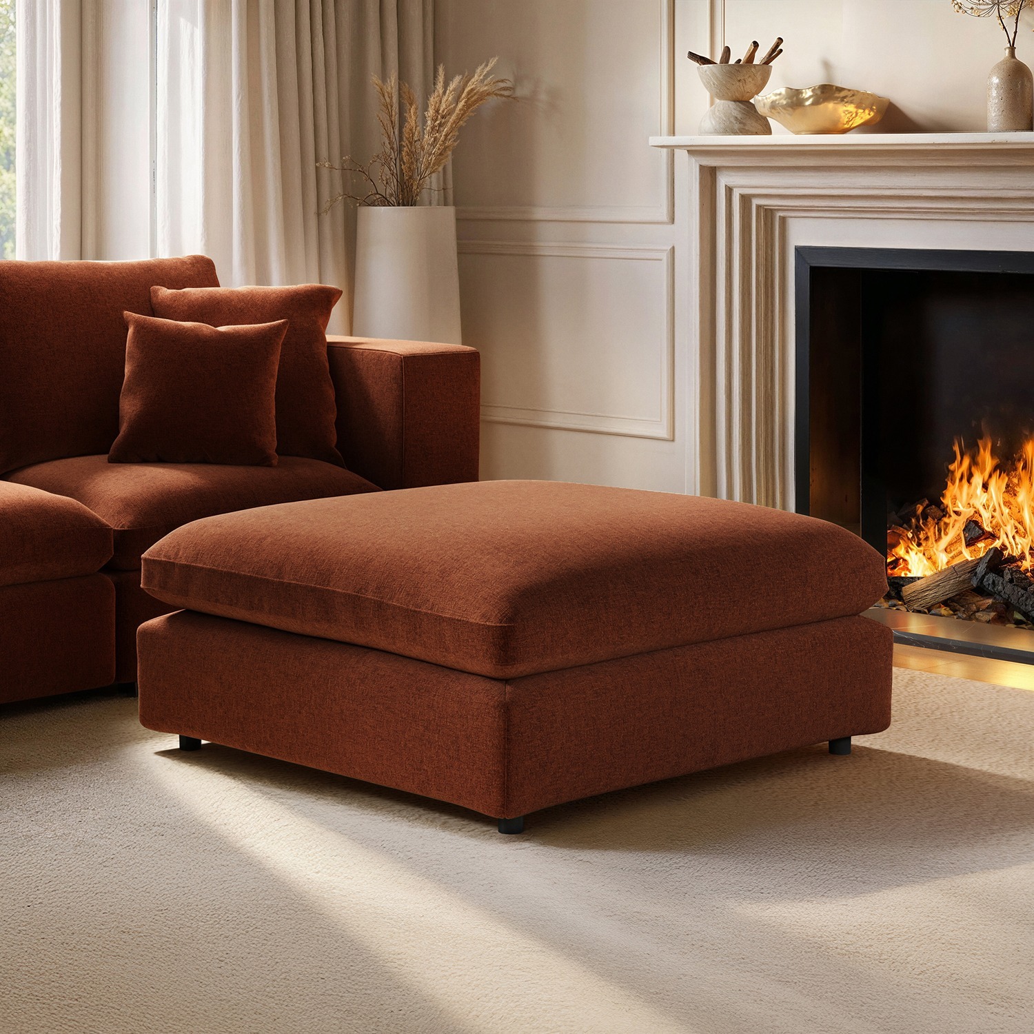 Solace+Co Asher Footstool Burnt Orange Chenille, Orange