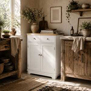 Colalu Wooden Kitchen Cabinet with Solid Natural Top, 2 Doors 2 Drawers