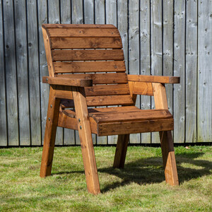 2 Seater Chunky Wooden Garden Furniture Set with Coffee Table & Burgundy Cushions