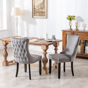 Set of 2 Sierra Wing Back Velvet Tufted Dining Chairs with Oak Wood Legs
