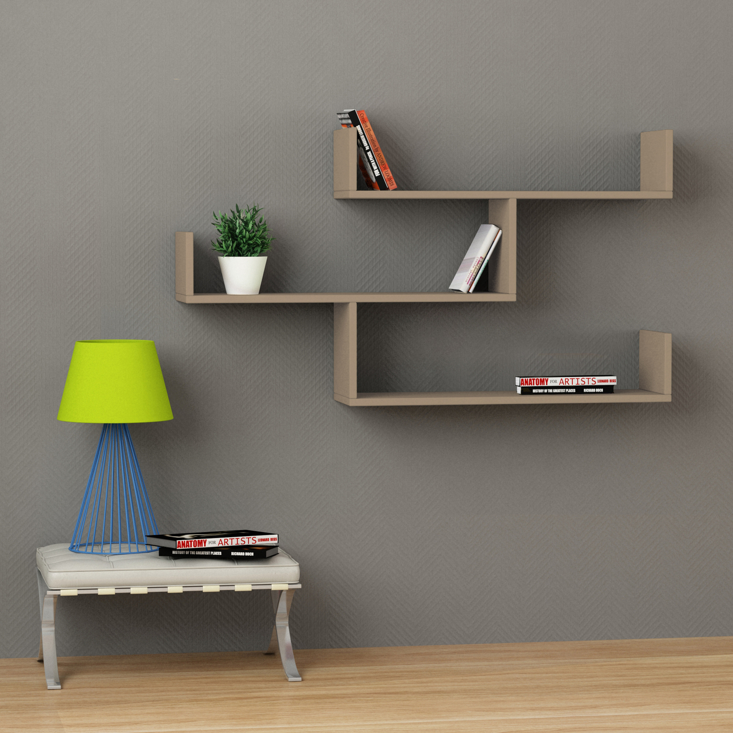 Decortie Tibet Wall Mounted Modern Bookcase Display Unit - Mocha Grey