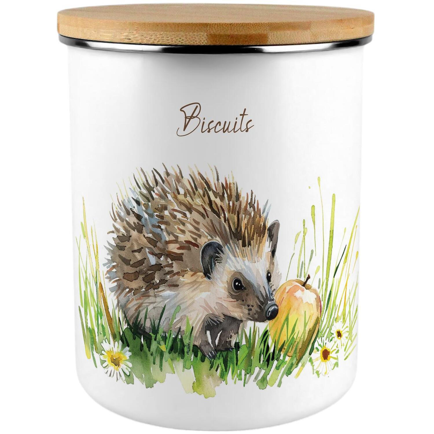 Extra Large Enamel Biscuit Canister - Hedgehog & Apple Kitchen Food Storage Gift - Image 2