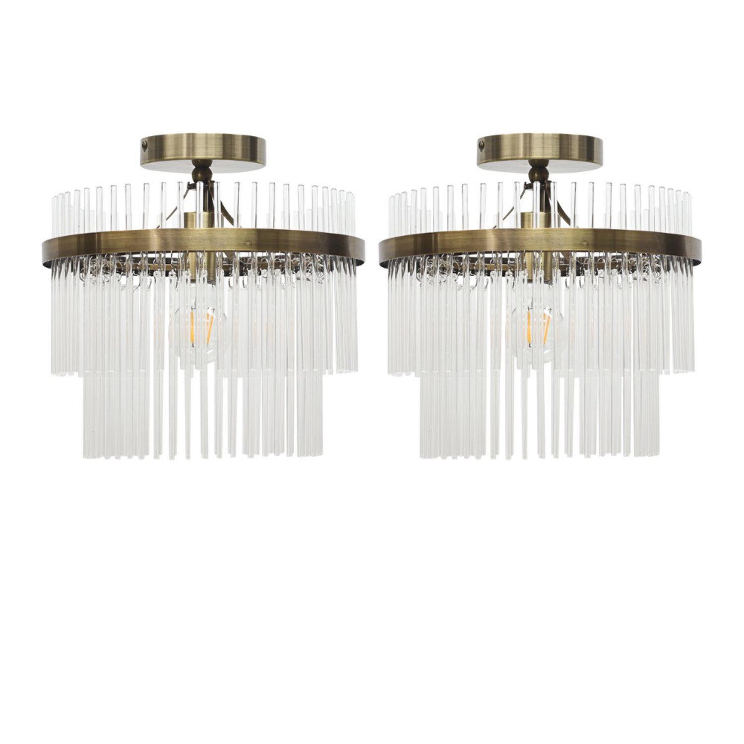 First Choice Lighting Set Of 2 Georgia Flush Ceiling Lights - Antique Brass Plate And Clear Rod Glass