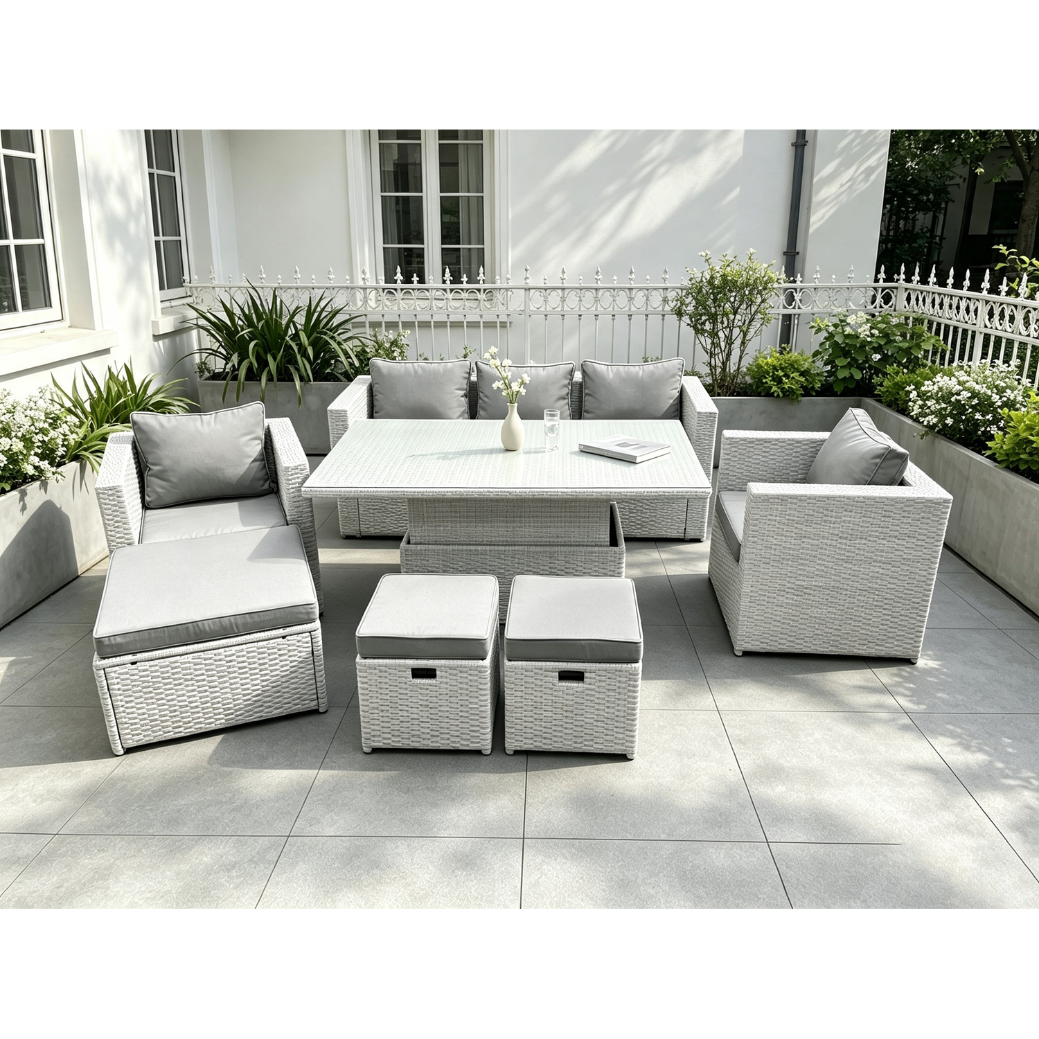 Fimous Light/Grey/Dark Rattan Garden Funiture Set Adjustable Rising Lifting Table Lounge Sofa Dining Set 2 Chairs Big And Small Footstool - Image 2