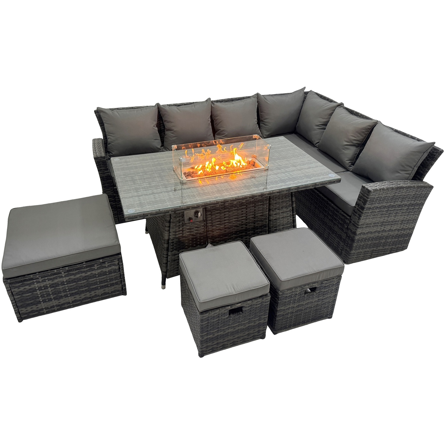 Rackhams Dark/Grey 9 Seater?Outdoor High Back Rattan Gas Fire Pit Corner Sofa Set Garden Furniture Heater Dining Table Set Footstools Mixed Right Hand - Image 2