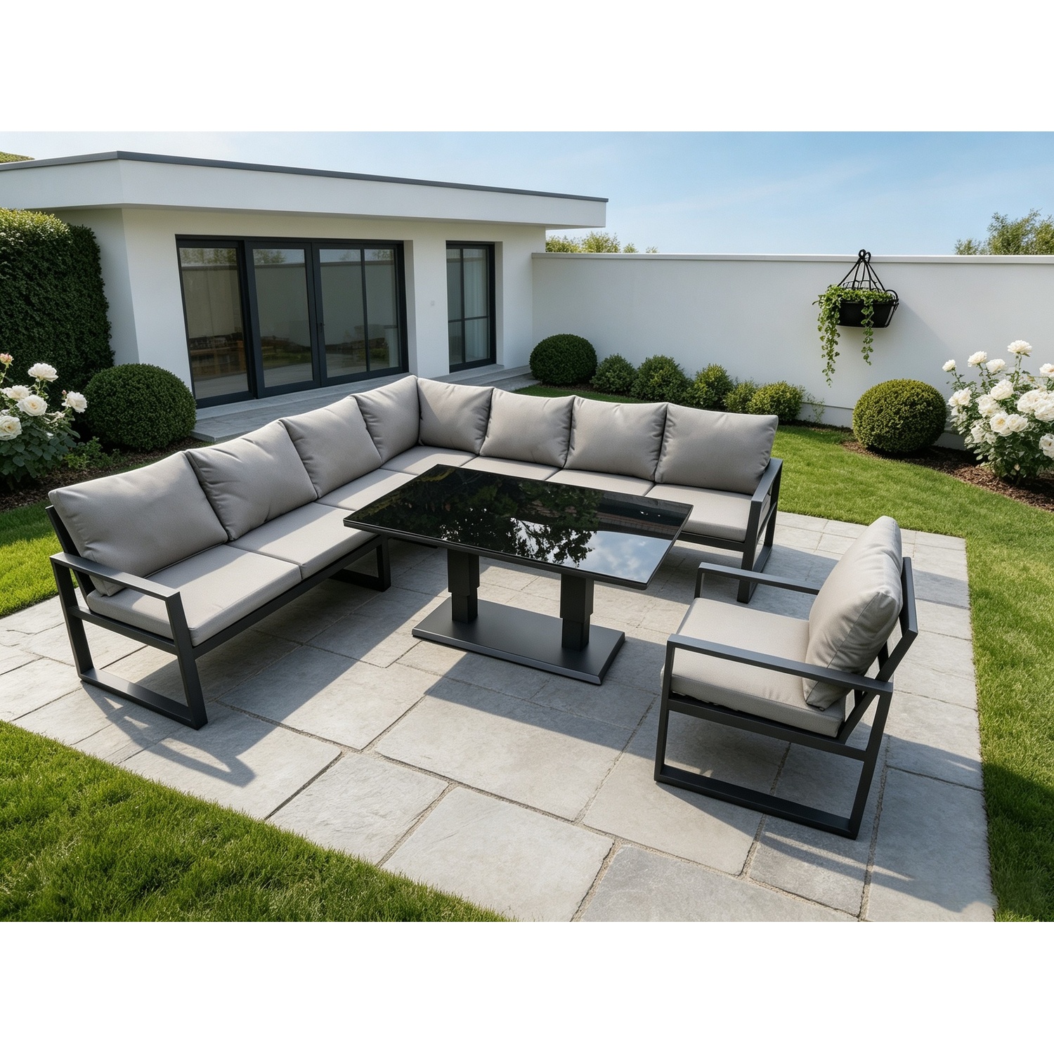 Fimous Aluminum Outdoor Garden Furniture Corner Sofa Chair Adjustable Rising Lifting Table Sets Dark Grey 8 Seater - Image 3
