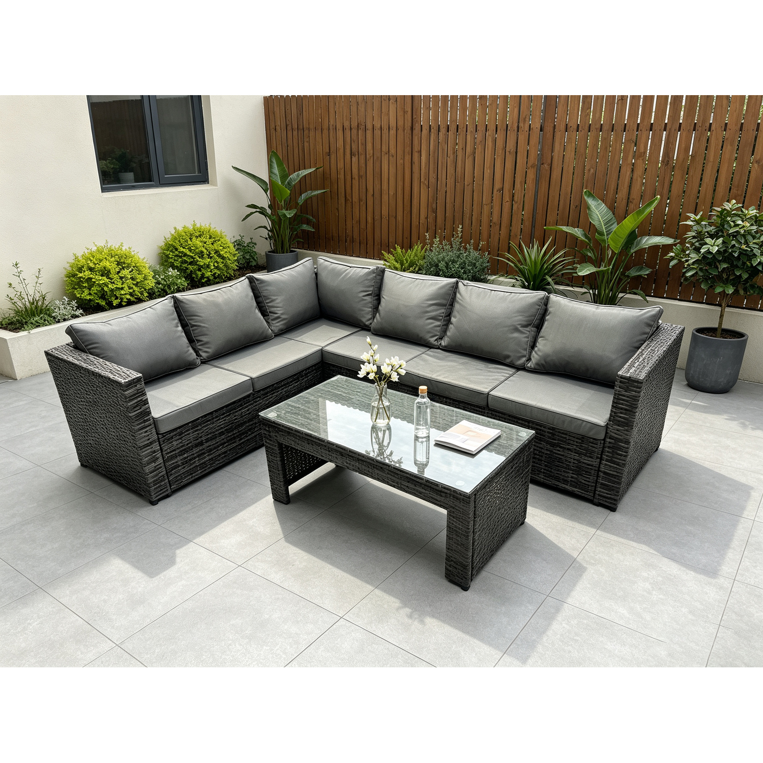 Rackhams Dark/Grey 6 Seater Rattan Corner Sofa Lounge Sofa Set With Rectangular Coffee Table Mixed Left Hand - Image 2