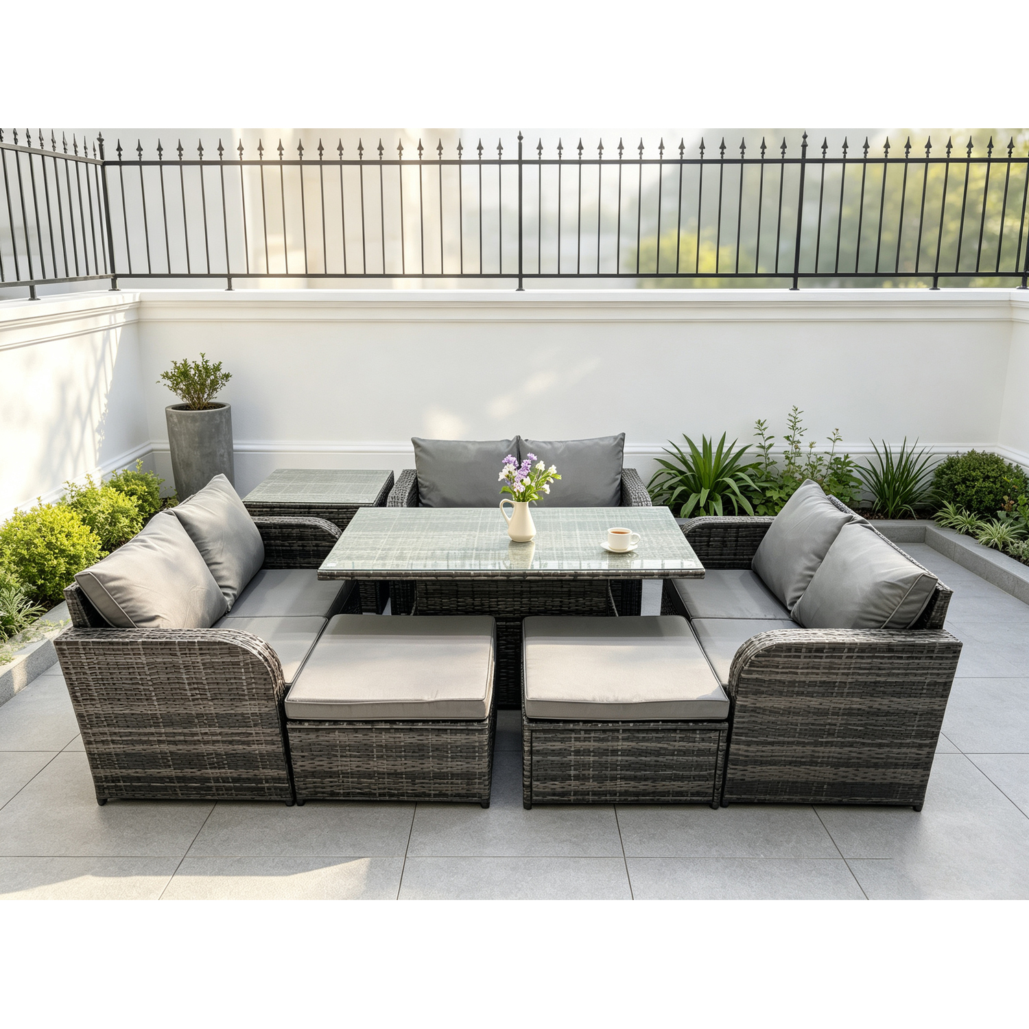 Fimous Rattan Garden Outdoor Furniture 3 Pc Love Sofa Set Patio Adjustable Rising Lifting Dining Table With Side Table 2 Big Footstool - Image 3