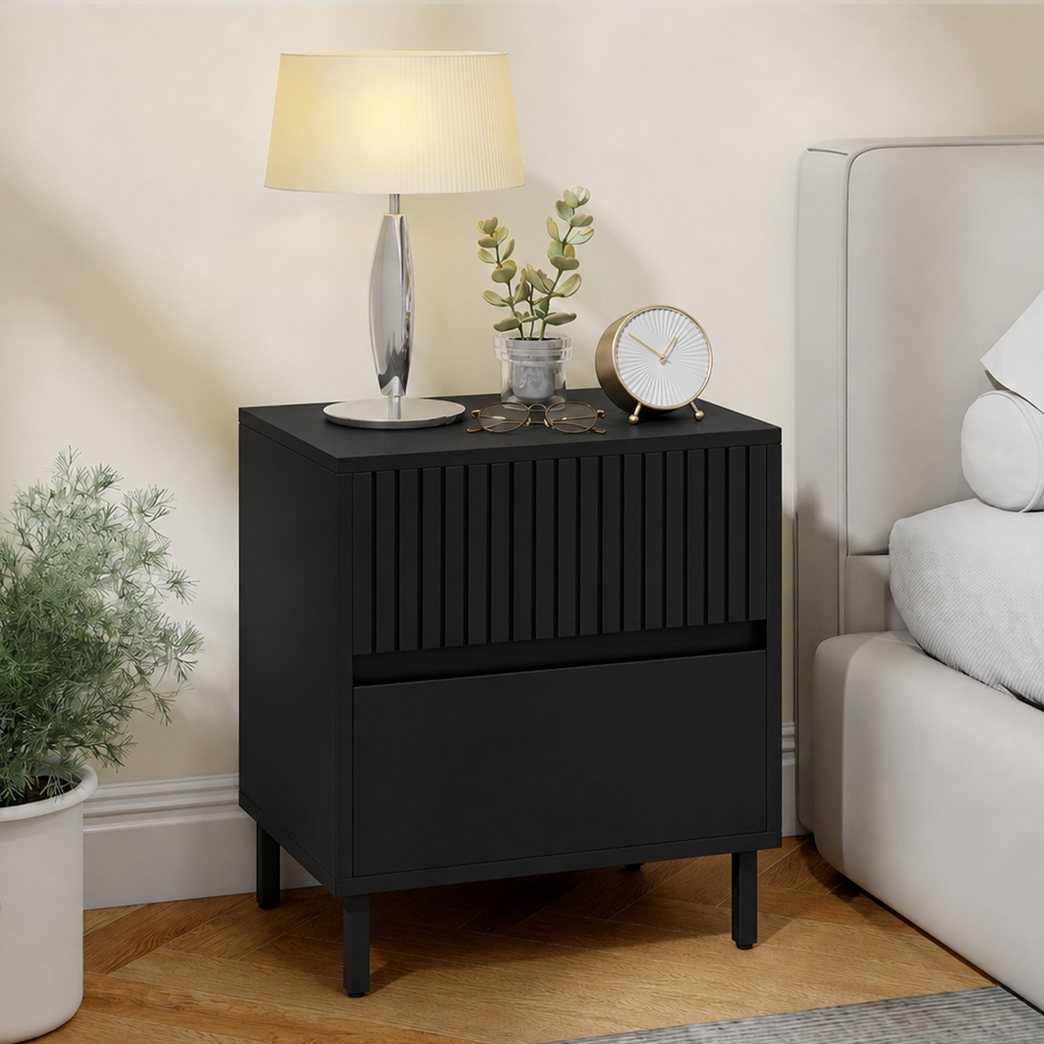 Homcom Bedside Cabinet With 2 Drawers, Storage And Steel Legs, Black - Black