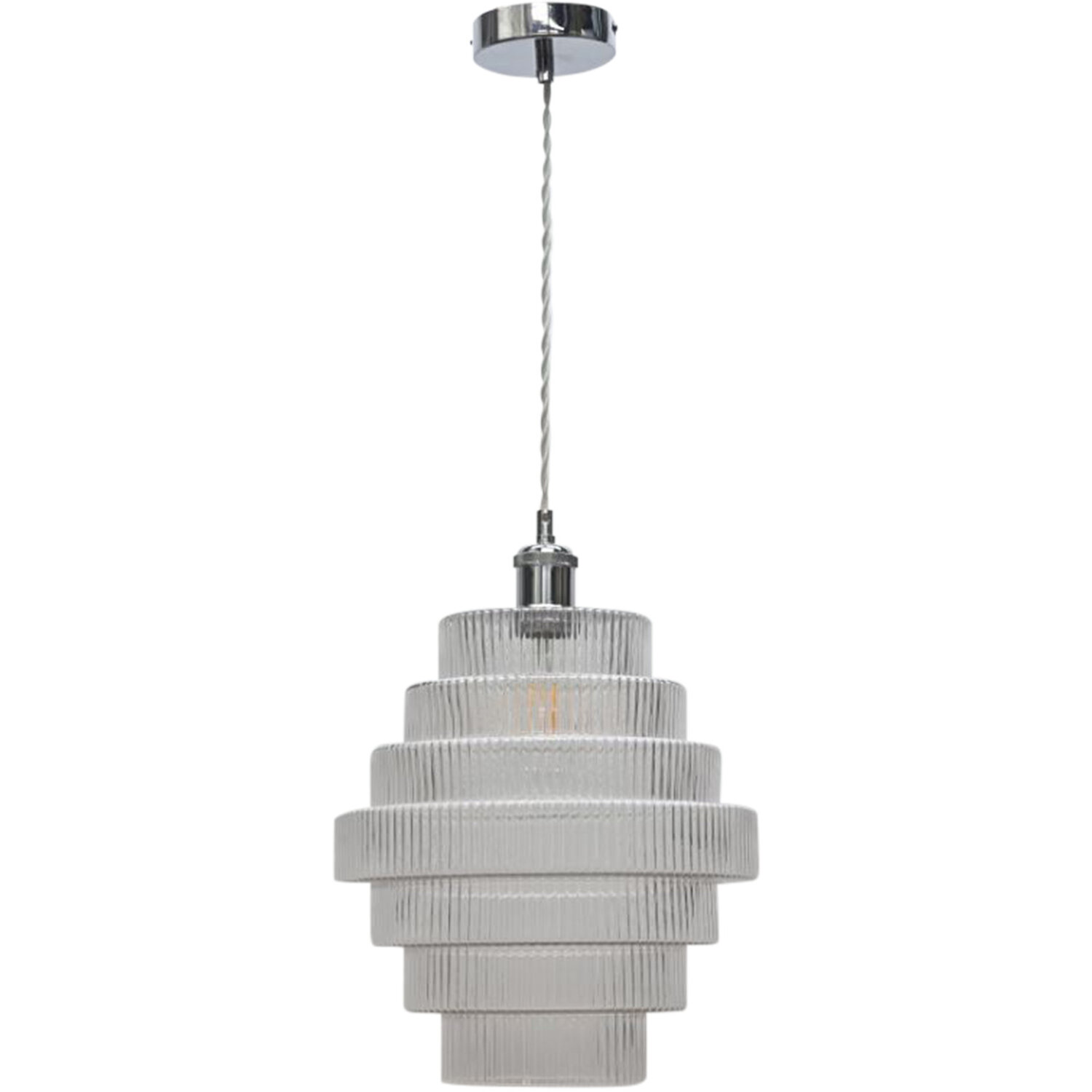 First Choice Lighting Benson 7 Tier Large Stepped Clear Glass Chrome Ceiling Pendant Light - Chrome & Clear