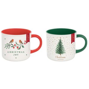 Set of 2 Christmas Mugs Robin Design and Tree Design