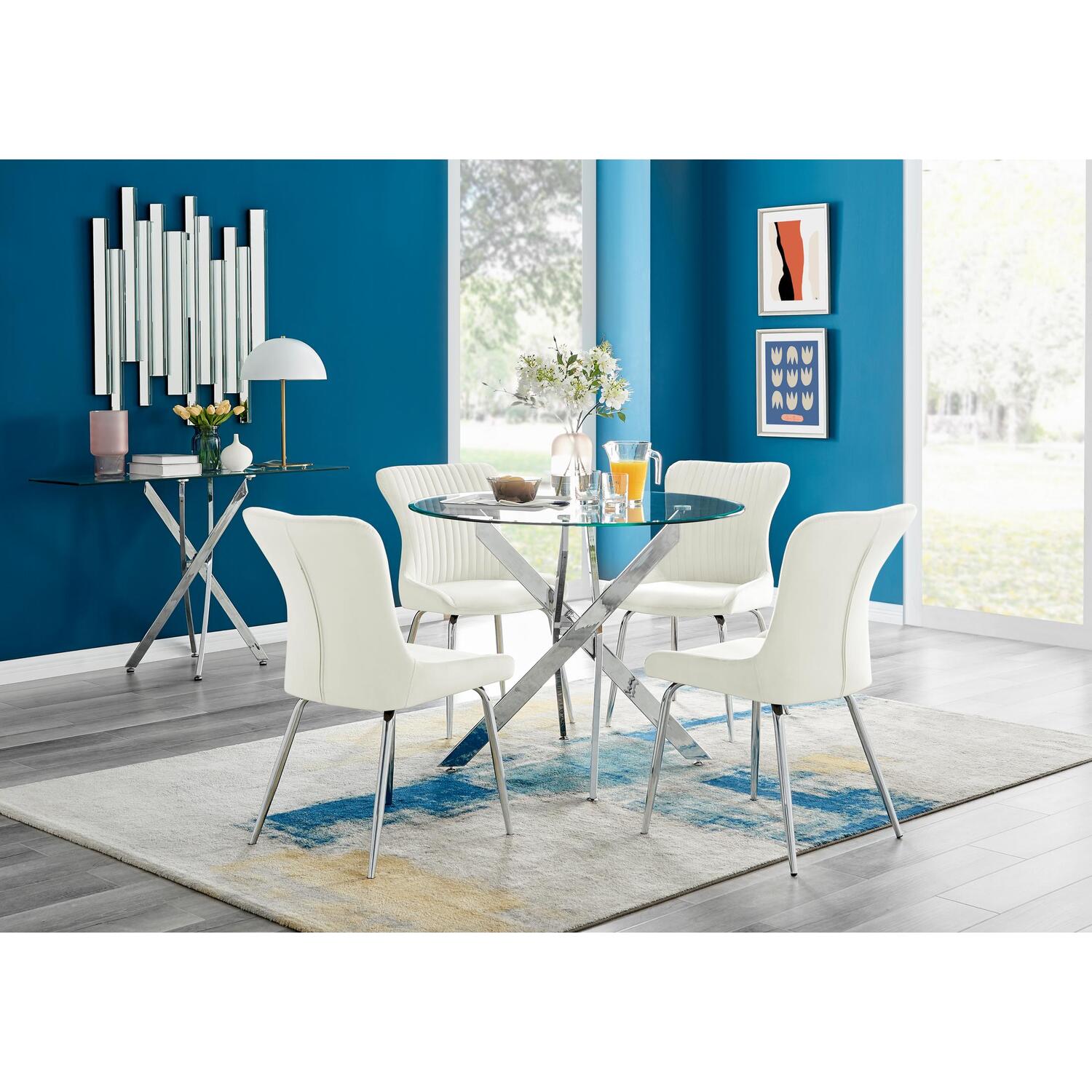 Furniturebox Uk Novara 100Cm Round Dining Table And 4 Nora Silver Leg Chairs - Cream