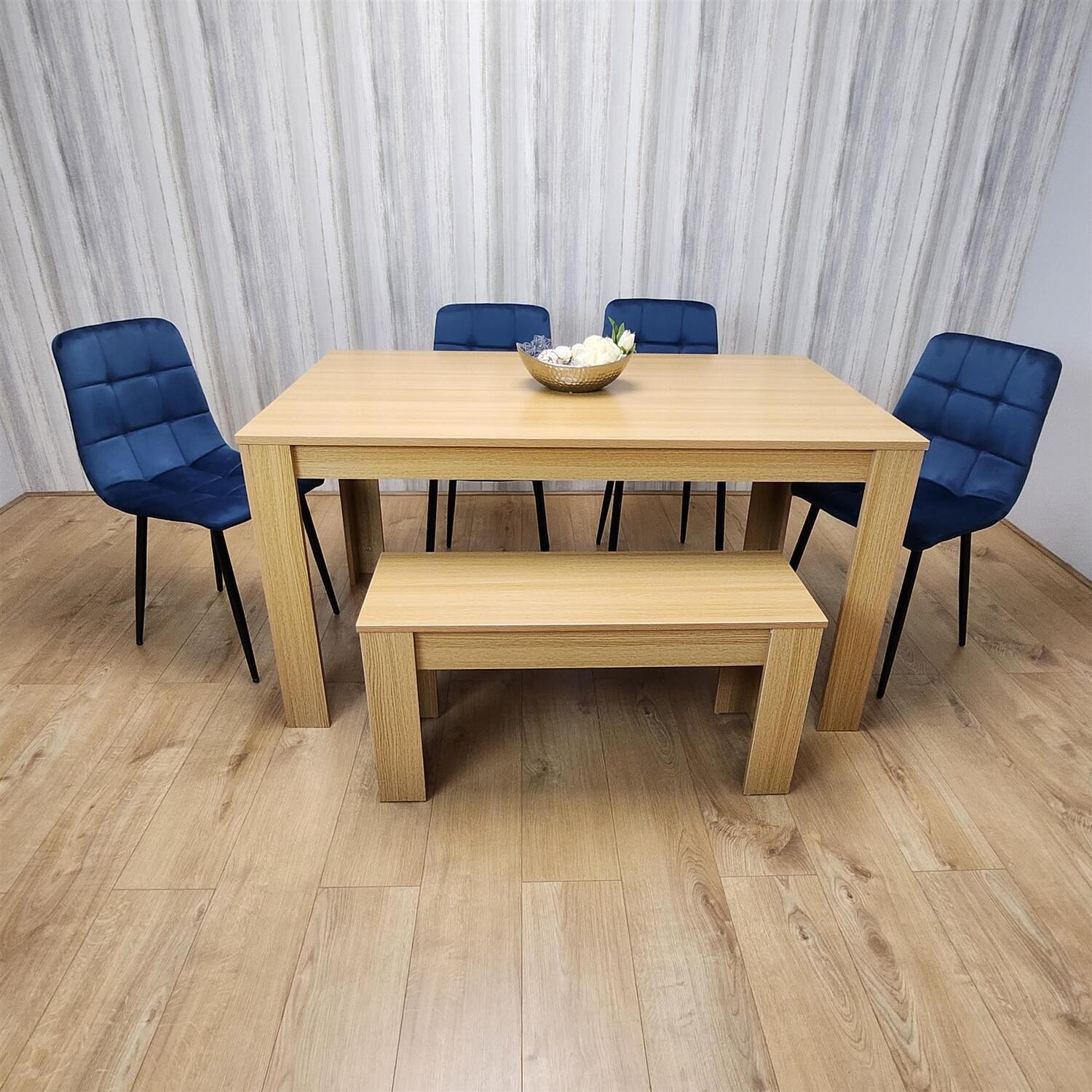 B&Q - 6 Seater Modern Light Wood Dining Table Set With 4 Blue Velvet Chairs And Bench H75 X L140 X W80 Cm - Image 2