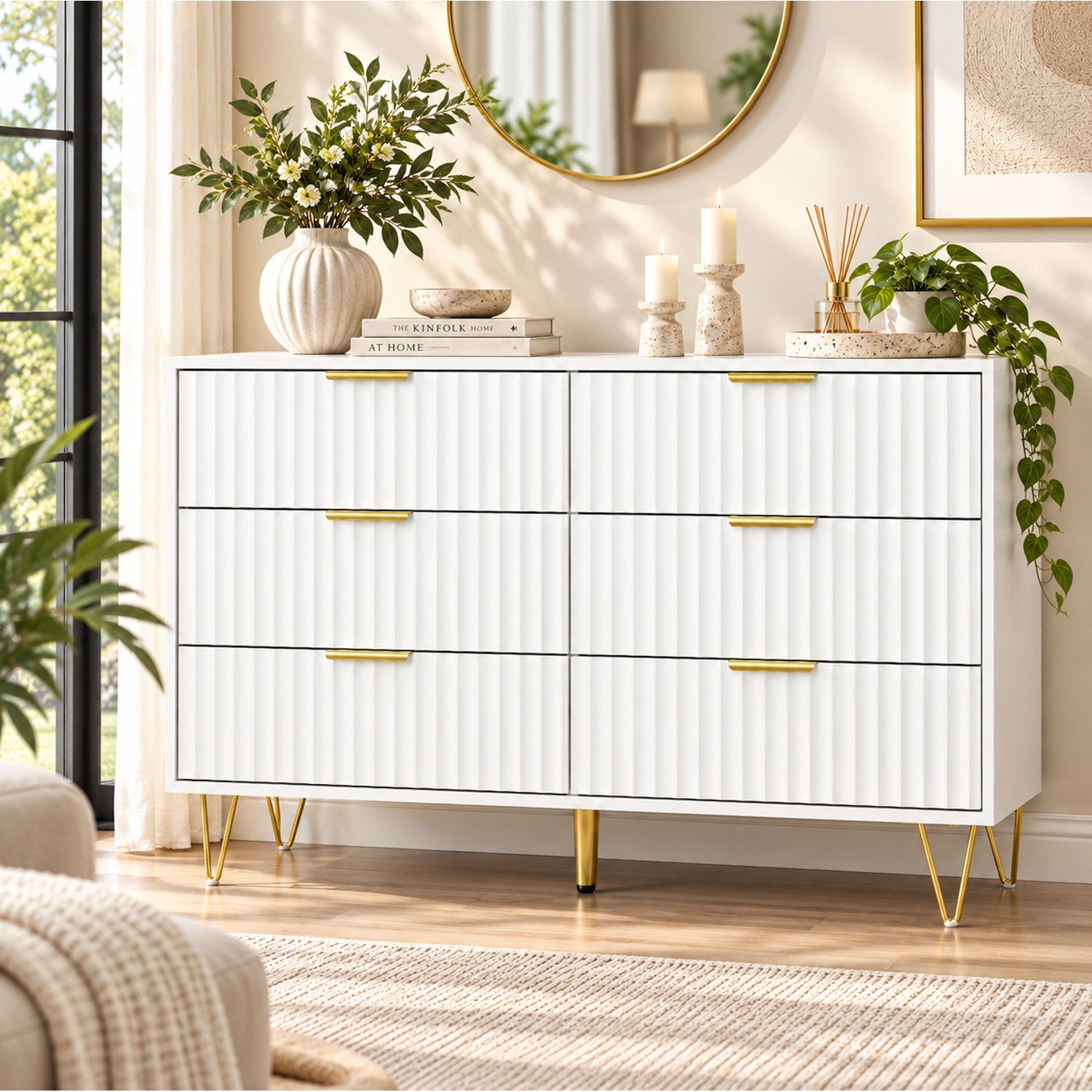 Mmt Furniture Designs 6 Drawer Fluted Chest Of Drawers With Hairpin Legs - White
