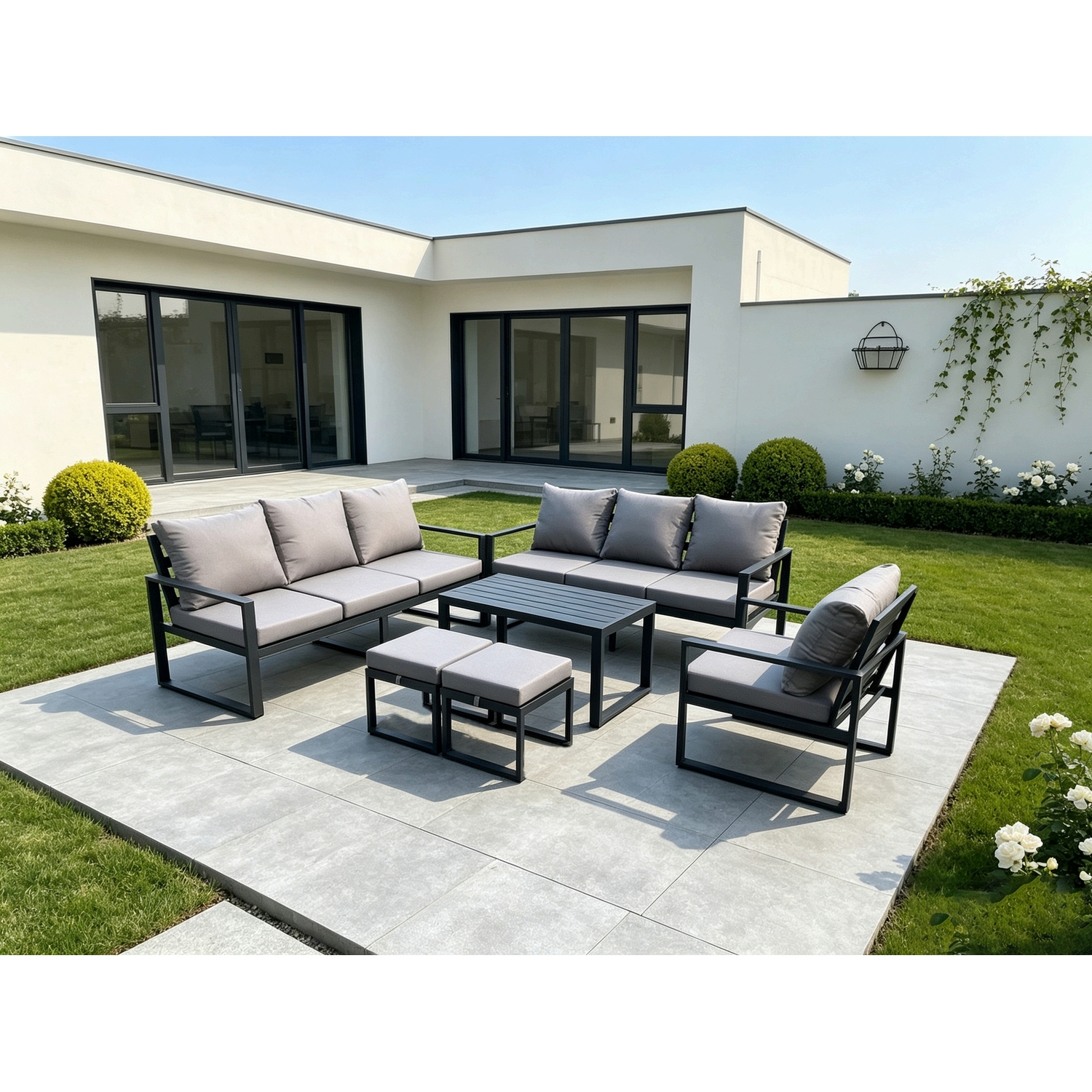 Fimous Dark/Grey Aluminium 9 Seater Garden Furniture Outdoor Patio Sofa Set With Rectangular Coffee Table Armchair 2 Small Footstool - Image 2
