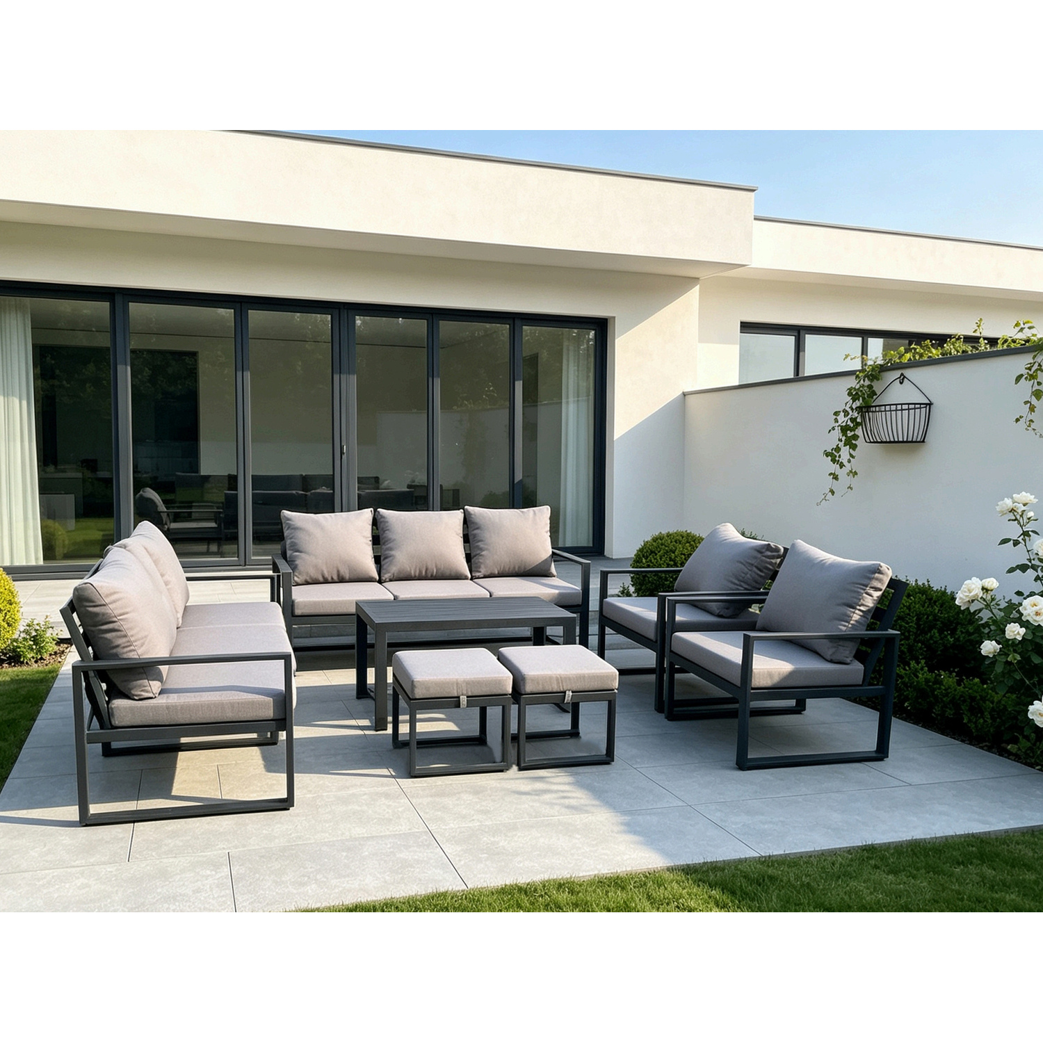 Fimous Dark/Grey Aluminium Outdoor Garden Furniture Lounge Sofa 2 Pc Chairs Oblong Coffee Table Sets With 2 Small Footstool - Image 2