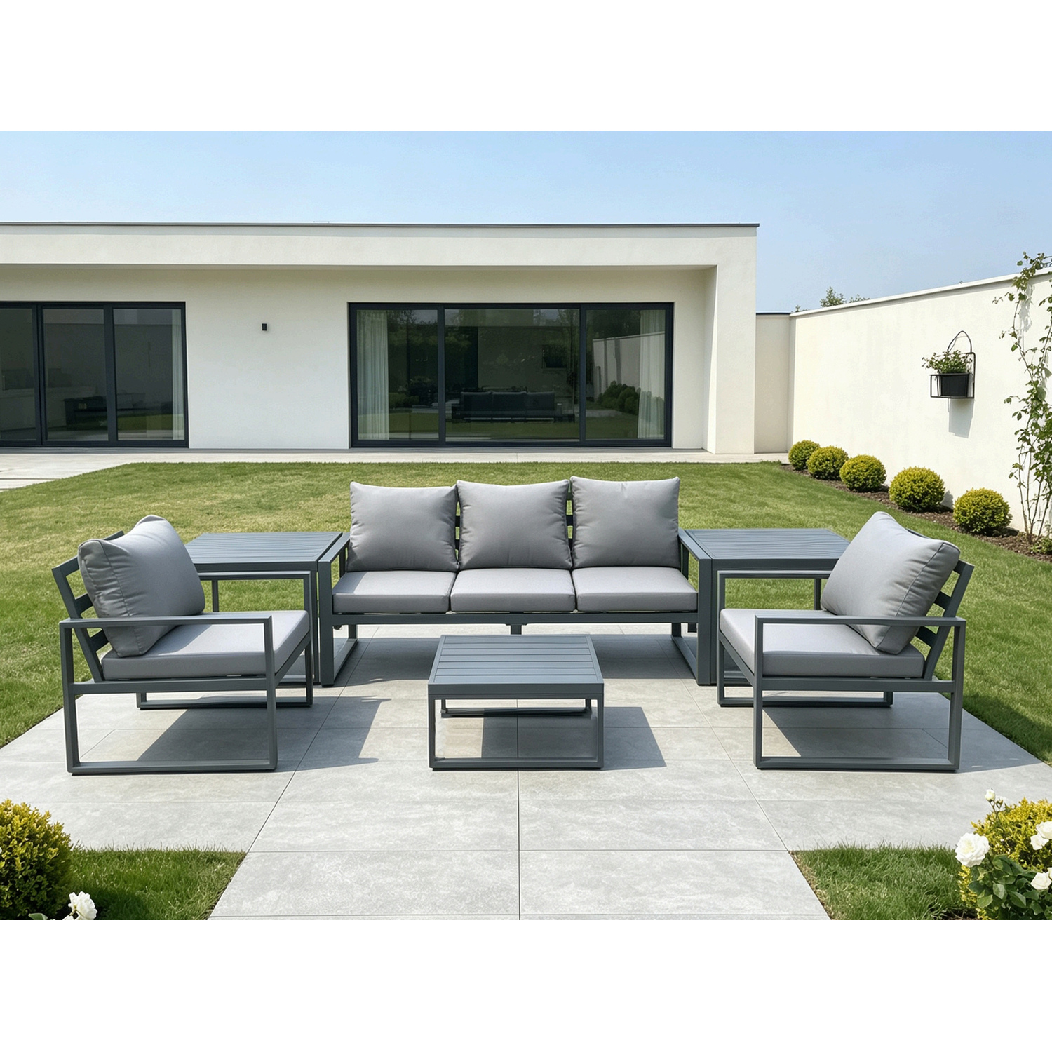 B&Q - Aluminium Outdoor Garden Furniture Set Lounge Sofa 2 Pc Chairs Square Coffee Table Sets With 2 Side Tables Dark Grey - Image 2