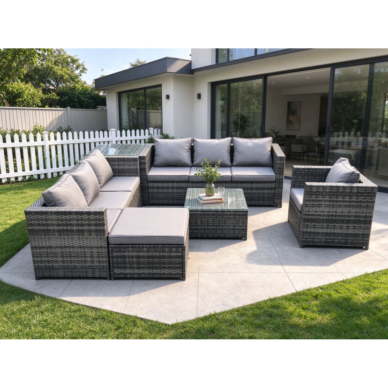 Fimous Rattan Garden Furniture Sofa Set With Armchair Side Table Square Coffee Table Outdoor 8 Seater Rattan Set Dark Grey Mixed - Image 3
