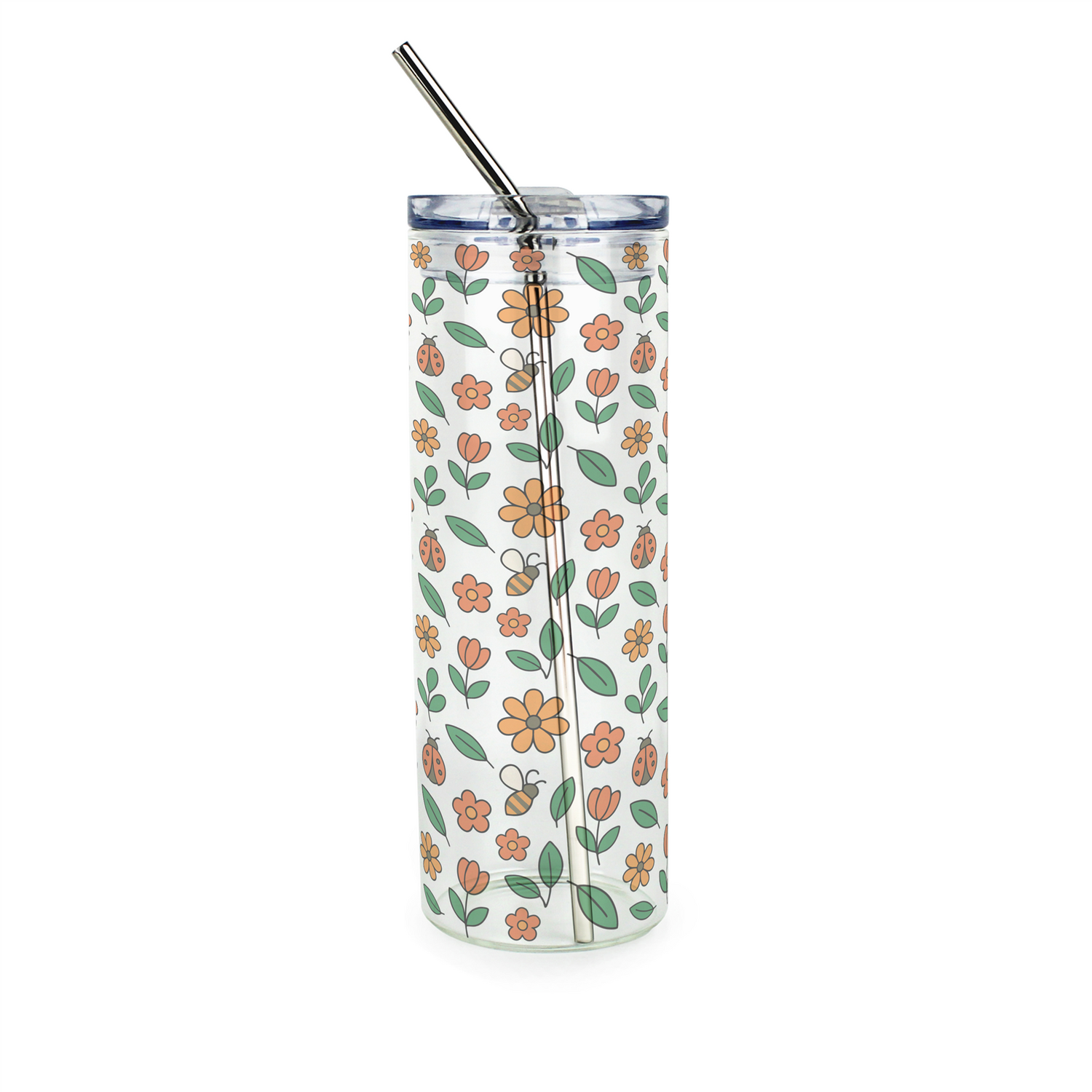 Purely Home Bees & Ladybirds Clear Glass Travel Flask With Straw