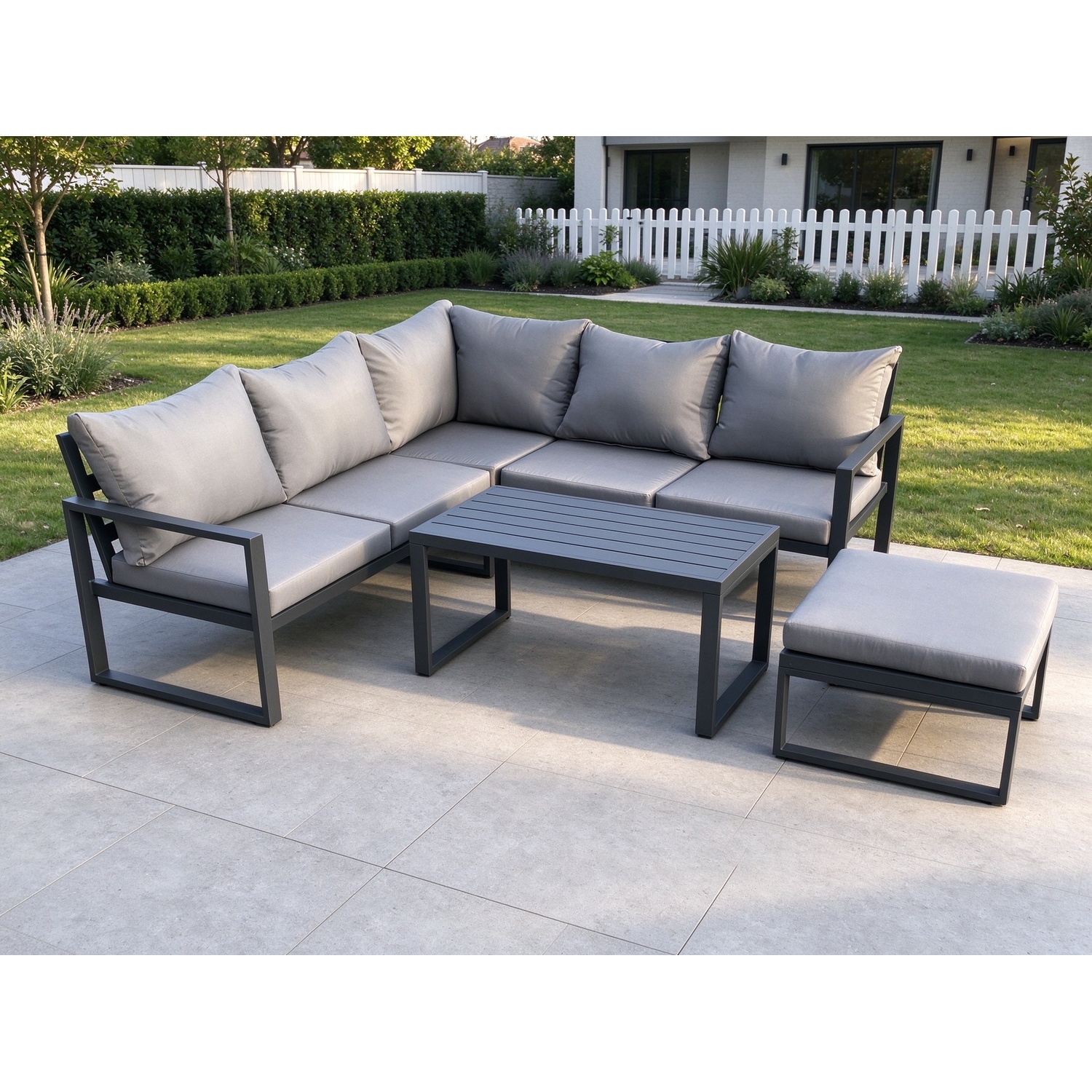 Fimous Aluminium Outdoor Garden Furniture Set Lounge Sofa Oblong Coffee Table Sets With Big Footstool Indoor Conservatory Set Dark Grey - Image 3