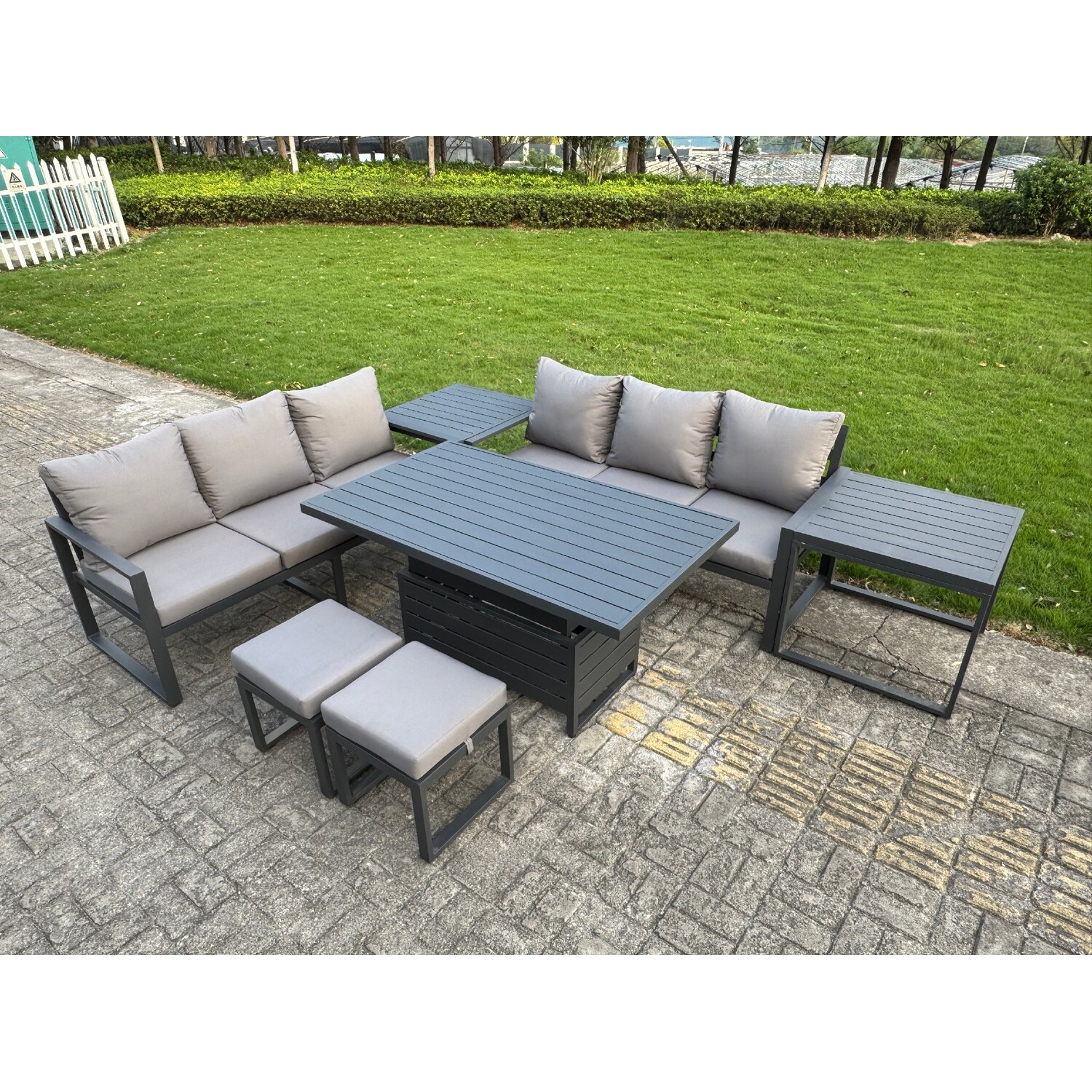 B&Q - 7 Pieces Garden Furniture Set Aluminium Adjustable Rising Lifting Dining Table And Sofa Set With Side Tables 2 Small Stools - Image 3