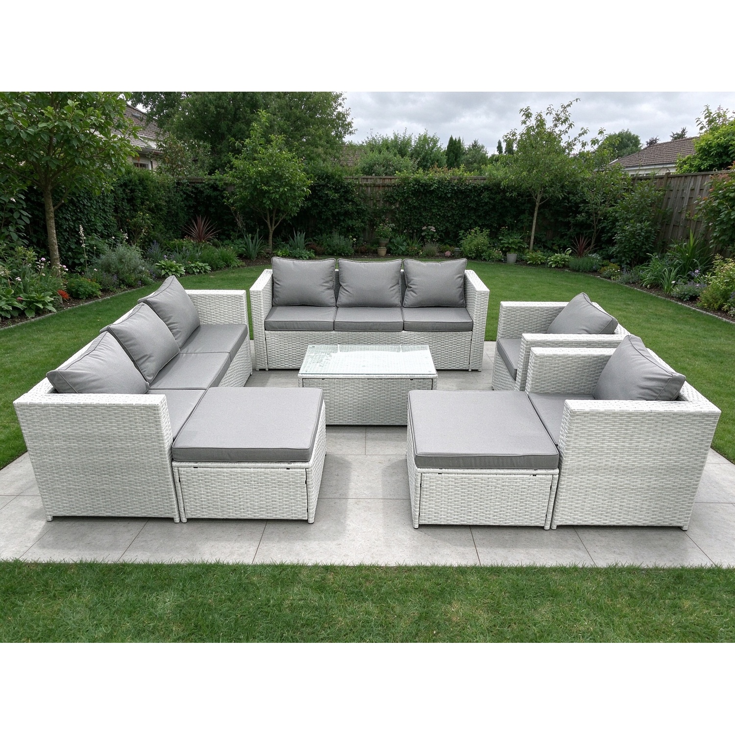 Fimous Light/Grey 10 Seater Rattan Garden Furniture Set With 2 Sofas, 2 Armchairs, Coffee Table & 2 Footstools - Mixed - Image 2