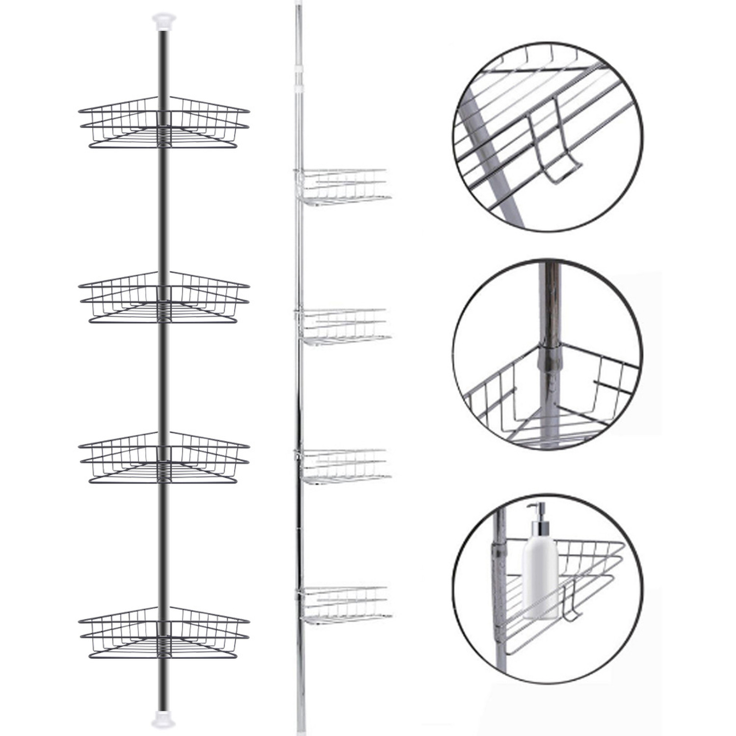 4 Tier Telescopic Shower Caddy No Drill Bathroom Storage Corner Shelf - Black