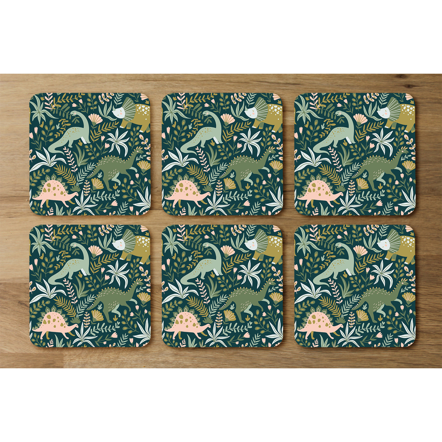 Hand drawn dinosaurs and tropical leaves and flowers. Designer Coaster Set - Green