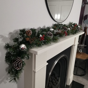Premier 180cm Silver Dressed Christmas Garland Berries Pinecones, Silver Baubles