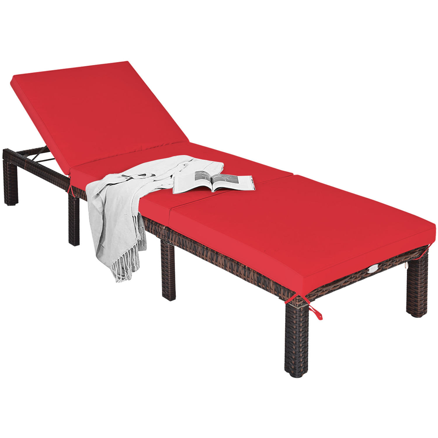 Costway Rattan Chaise Lounge-Red - Red thumbnail