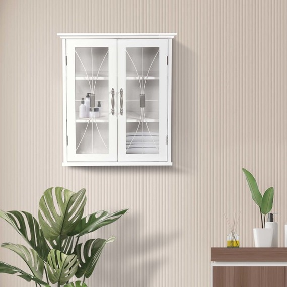Bathroom Wooden Wall Cabinet with 2 Glass Paneled Doors, Bathroom Storage