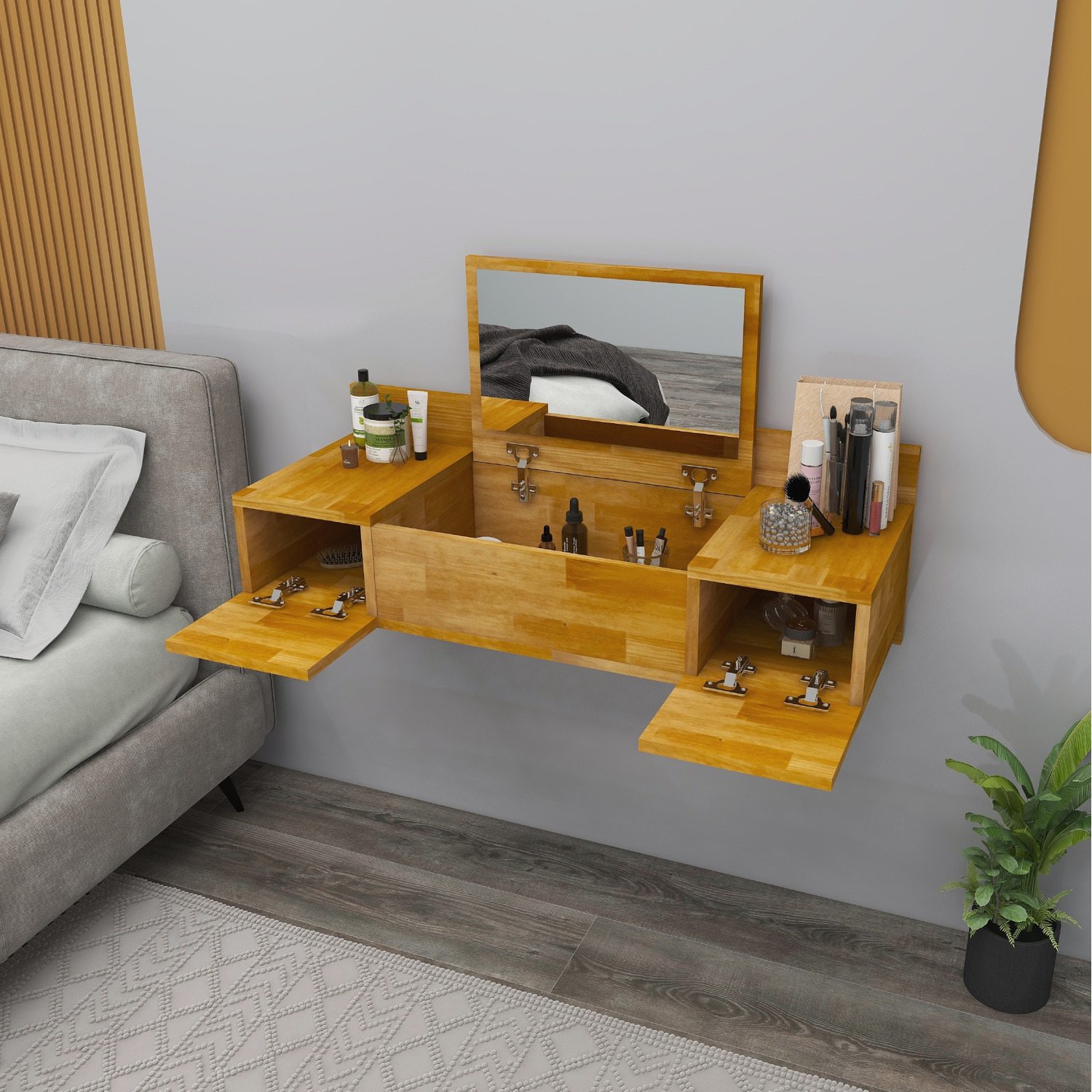 Solid Pine Wood Handmade Vanity Dressing Table With Mirror Beryl - Oak