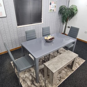 Dining Grey Glass Table With 4 Grey Faux Leather Chairs And 1 Bench Set