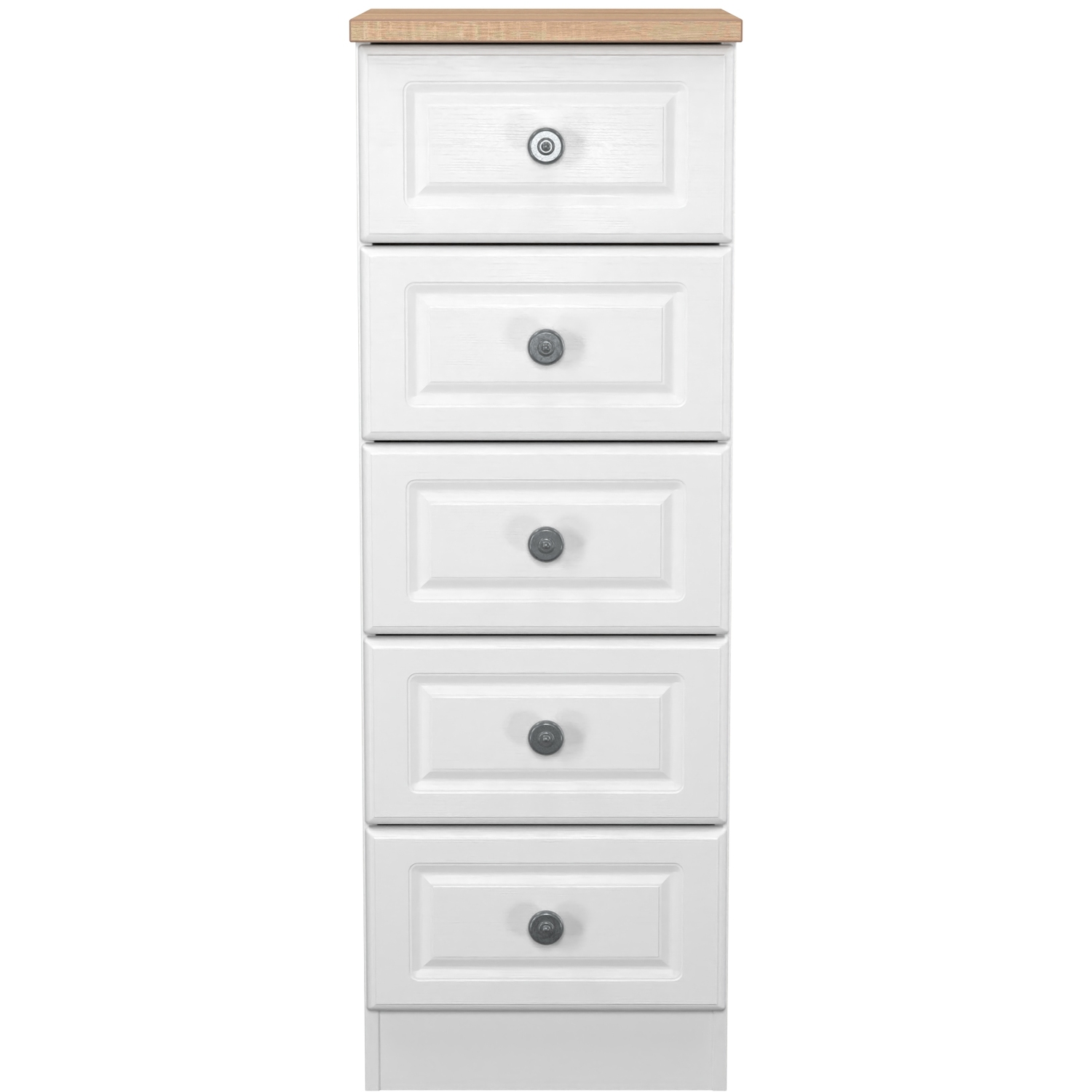 Norfolk Fully Assembled 5 Drawer Bedside Cabinet - White Ash Bardolino Oak